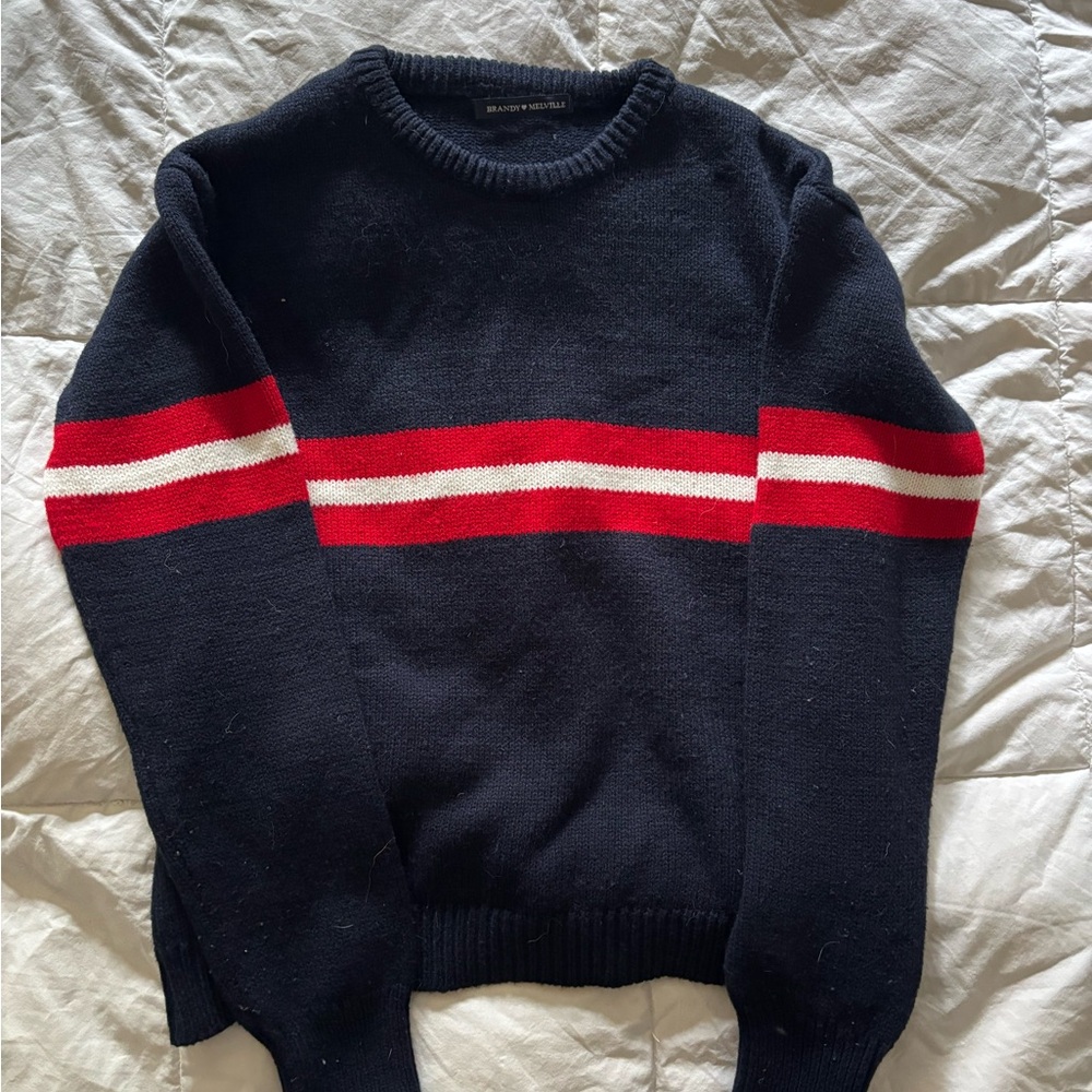 Brandy Melville Navy Sweater with Red and White Stripes